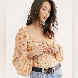 Free People Mabel Printed Long Sleeve‎ Blouse in Spring Combo Ruffle Boho Medium